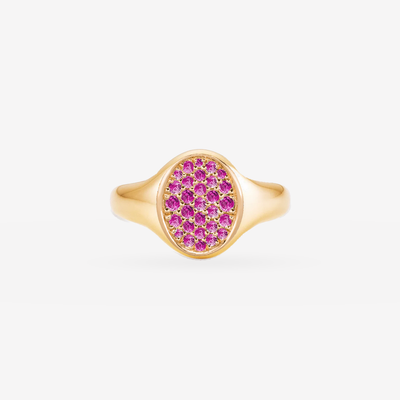 Petite Posh Signet Pinky Ring - Pink Saphir Crown in 18k Gelbgold – Produktansicht